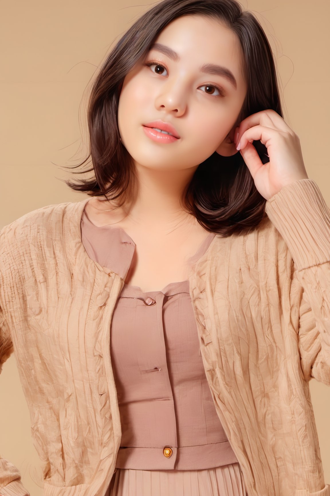 (masterpiece, best quality, photorealistic), 1girl, black hair, (brown eyes), small boobs, 
detailed skin, pore, lovely expression, close mouth, 
school uniform, cardigan, bra top, (upper body:0.7), 
beauty model, beige plain background, Detailedface, 
Realism, Epic ,Female, Portrait, Raw photo, Photography, Photorealism,
SGBB,alluring_lolita_girl,Young beauty spirit ,little_cute_girl,
from below,DonMB4nsh33XL ,kleedef,Apoloniasxmasbox,ch3ls3a,Ivi
