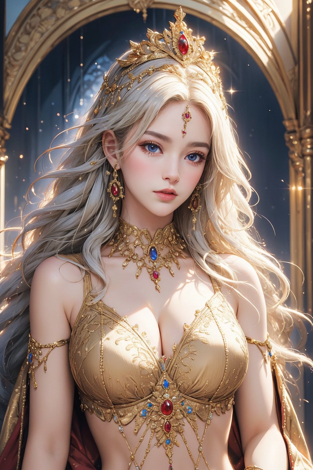 busty and sexy girl, 8k, masterpiece, ultra-realistic, best quality, high resolution, high definition,The image portrays a person with striking white hair adorned by a golden headpiece and intricate jewelry. The overall aesthetic suggests a blend of regal elegance and fantasy