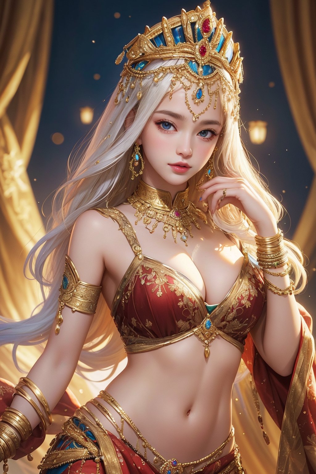 busty and sexy girl, 8k, masterpiece, ultra-realistic, best quality, high resolution, high definition,The image portrays a person with striking white hair adorned by a golden headpiece and intricate jewelry. The overall aesthetic suggests a blend of regal elegance and fantasy