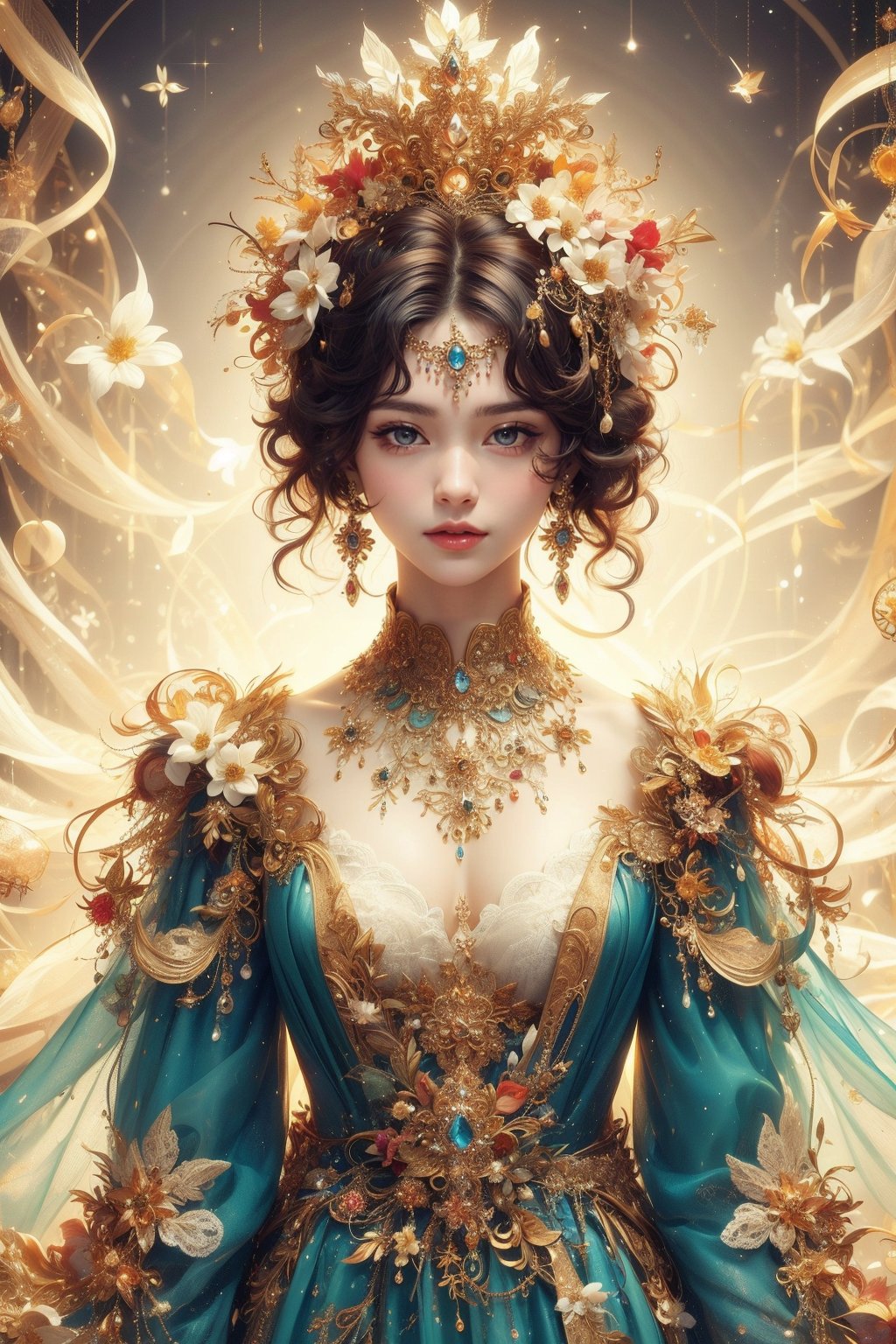 MUCHA STYLE, SUNSET, girl, 8k, masterpiece, ultra-realistic, best quality, high resolution, high definition, A stunning sorceress, enveloped in prisms of color, is adorned in her most exquisite attire and her finest jewels, colorful glowing flower, dreamy and artistic, likely aiming to evoke a sense of fantasy or a fairytale-like atmosphere. The person in the image is adorned with a vibrant floral crown, which could symbolize nature, growth, or a connection to the environment. The pastel shades and soft, bokeh-like background contribute to the ethereal quality of the scene, Curly hair, diamond crown, diamond earrings, diamond necklace, black low-cut princess dress, intricate pattern, black smoky eyeliner