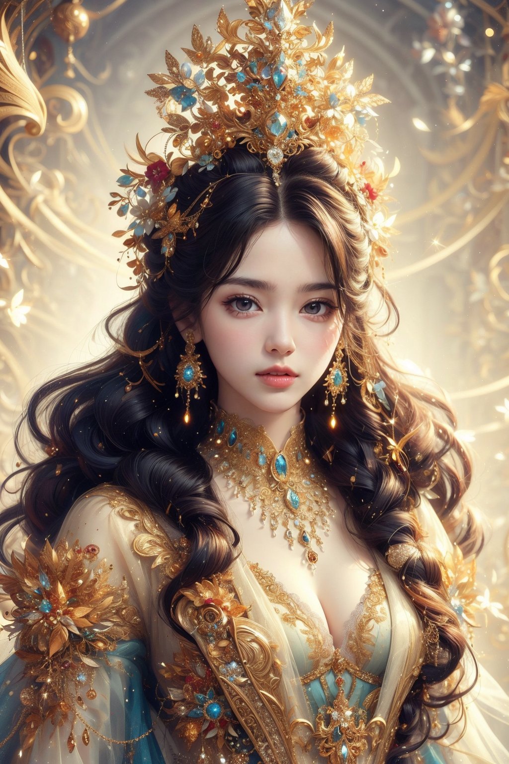 MUCHA STYLE, SUNSET, girl, 8k, masterpiece, ultra-realistic, best quality, high resolution, high definition, A stunning sorceress, enveloped in prisms of color, is adorned in her most exquisite attire and her finest jewels, colorful glowing flower, dreamy and artistic, likely aiming to evoke a sense of fantasy or a fairytale-like atmosphere. The person in the image is adorned with a vibrant floral crown, which could symbolize nature, growth, or a connection to the environment. The pastel shades and soft, bokeh-like background contribute to the ethereal quality of the scene, Curly hair, diamond crown, diamond earrings, diamond necklace, black low-cut princess dress, intricate pattern, black smoky eyeliner