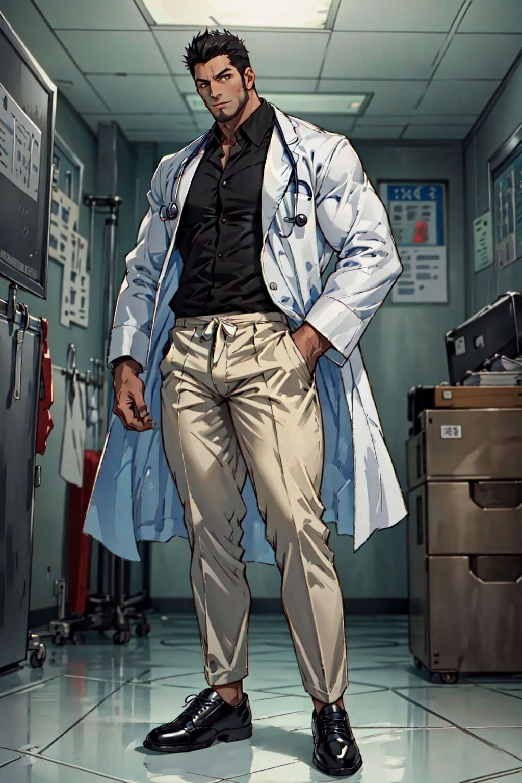 1boy, solo, Isshin Kurosaki, BLEACH, anime, tall, muscular man,(black hair), brown eyes, thin stubble around mouth and on cheeks, 40 years old, mature, (light yellow collared shirt:1.3, doctor's white robe, pure black suit pants:1.2, black shoes:1.2). manly, masculine, handsome, charming, alluring, (full body in frame), perfect light, perfect anatomy, perfect proportions, perfect perspective, 8k, HQ,  (best quality:1.2, masterpiece:1.2, madly detailed), perfect face, front view, clinic room, sexydoctor