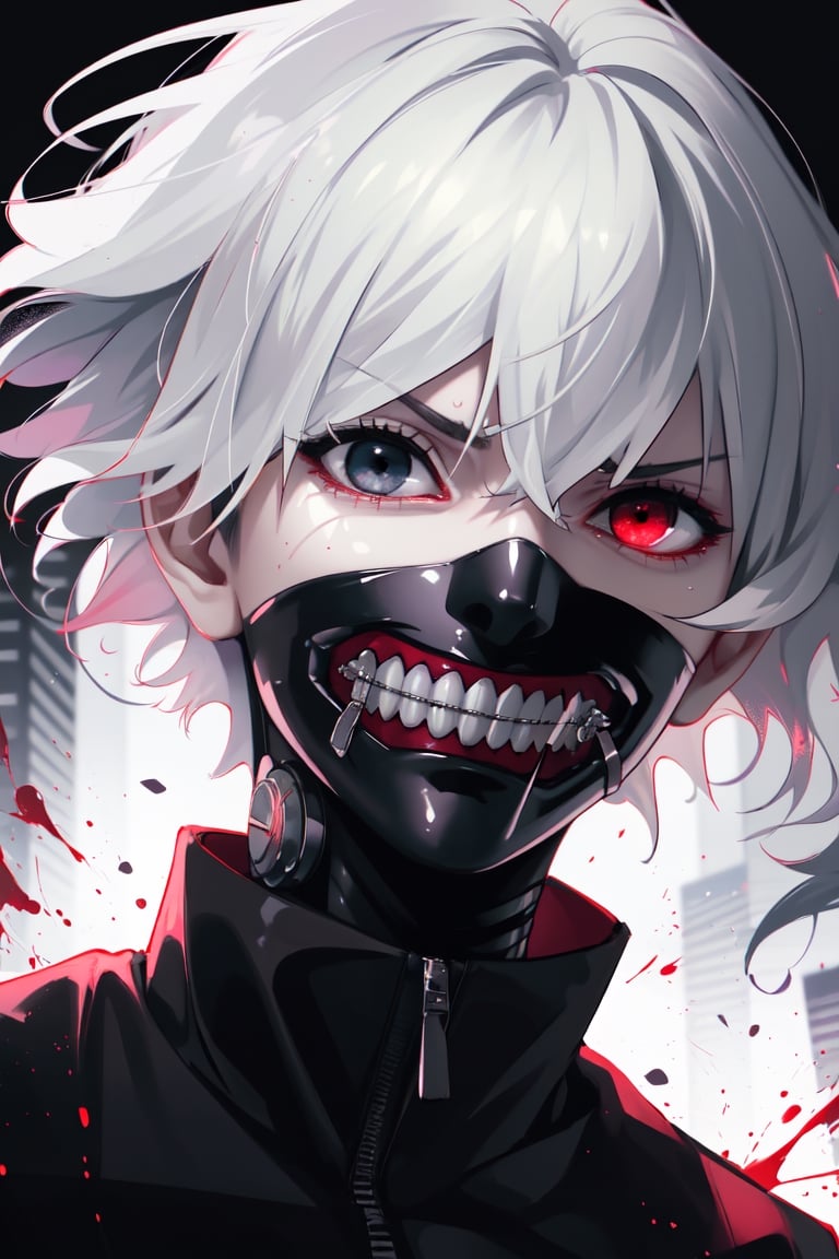 ((masterpiece, best quality)), male, Kaneki, Tokyo Ghoul, Ghoul, red iris, red left eye, black right eye, white eyebrows, angry, black clothes, metallic details, background of Tokyo Japan buildings, flashes of light, explosions, mix of fantastic and realistic elements, uhd image, vibrant artwork, kaneki ken