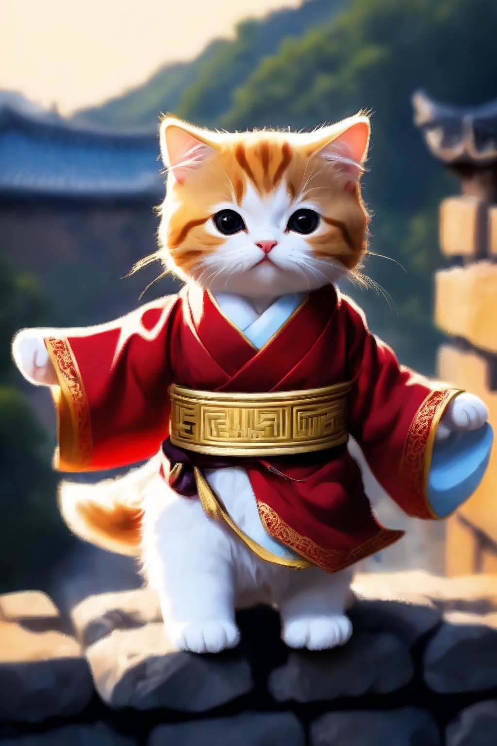 blurry great wall background, a kitty, wearing a hanfu, golden belt, long red scarf, scarf floating by breeze, standing, playing kongfu