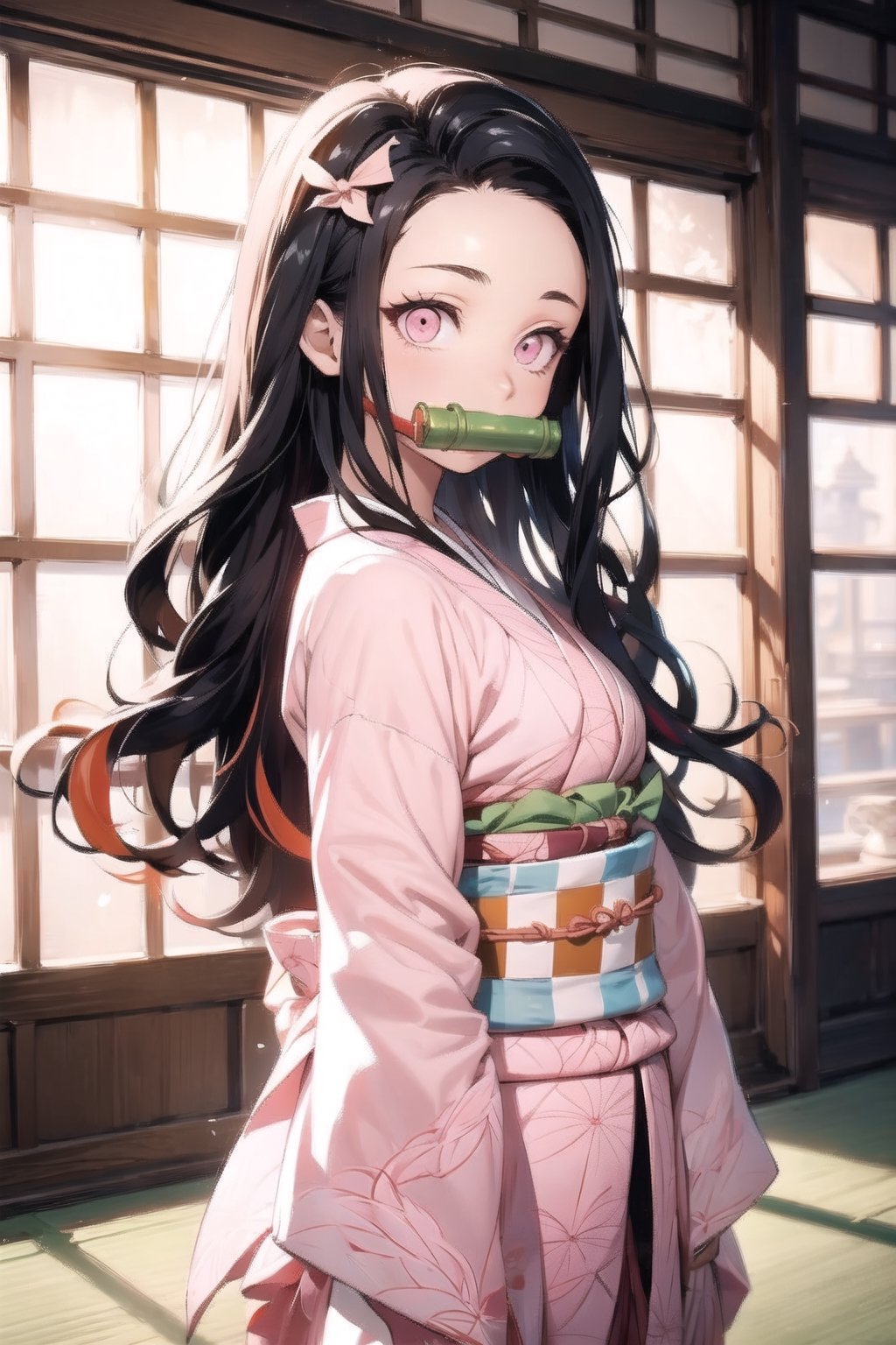 nezuko kamado, bamboo, bit gag, black hair, forehead, gag, gagged, hair ribbon, long hair, multicolored hair, (pink eyes:1.5), orange hair, slit pupils, wavy hair, two-tone hair, asa no ha (pattern), checkered sash, haori, japanese clothes, kimono, long sleeves, obi, pink kimono, sash, wariza,  wide sleeves, generate an image showing nezuko in a dojo while posing dynamically, photo of perfecteyes eyes, background,nezuko,photo of perfecteyes eyes