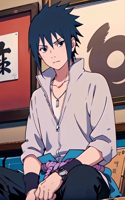 Sasuke Uchiha, solo, looking at viewer, shirt, black hair, black eyes, long sleeves, 1boy, jewelry, sitting, closed mouth, black jacket, jacket, white shirt, wristwatch, male focus, open clothes, black pants, necklace, open jacket, red backgroud, knee up, watch, (highest resolution:1.1), (full quality), (Extremely beautiful and detailed:1.2), masterpiece, vivid colors, vibrant colors, cinematic lighting, cinematography, perfect shading, beautifully detailed glow
