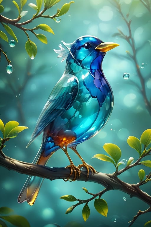 Elegant glass bird perched on a branch,  depth of field
