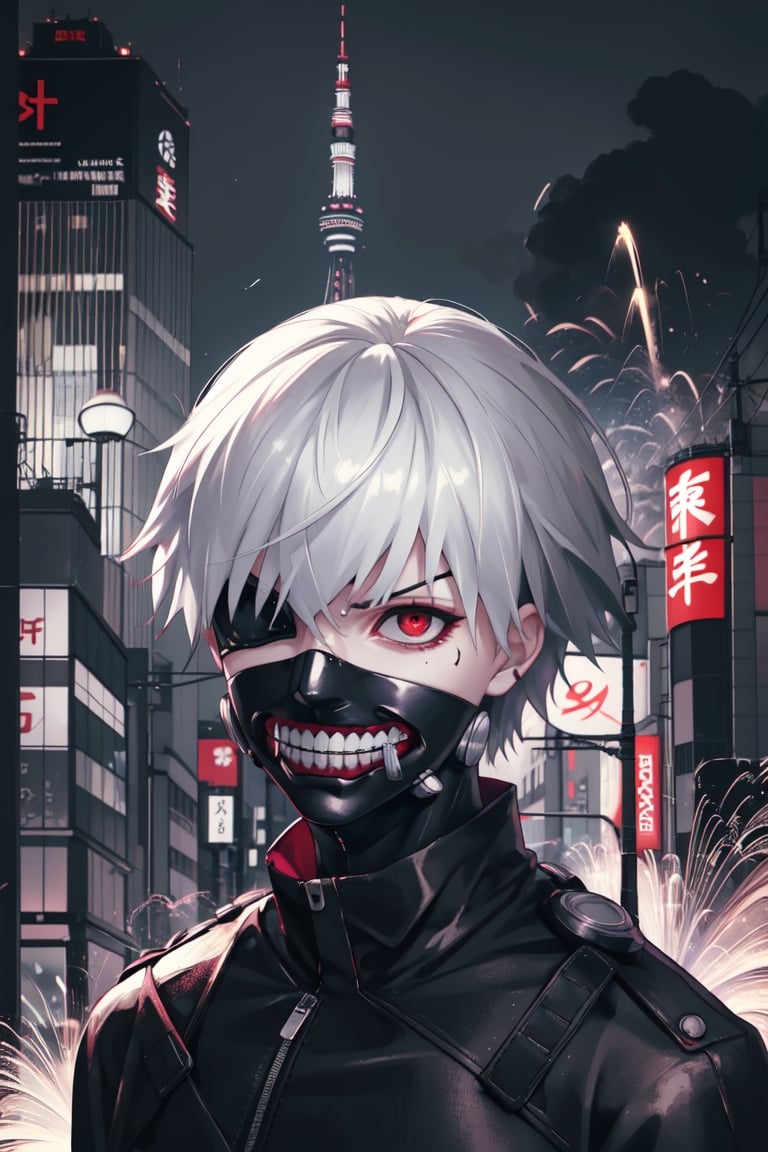 ((masterpiece, best quality)), male, Kaneki, Tokyo Ghoul, Ghoul, red iris, red left eye, black right eye, white eyebrows, angry, black clothes, metallic details, background of Tokyo Japan buildings, flashes of light, explosions, mix of fantastic and realistic elements, uhd image, vibrant artwork, kaneki ken