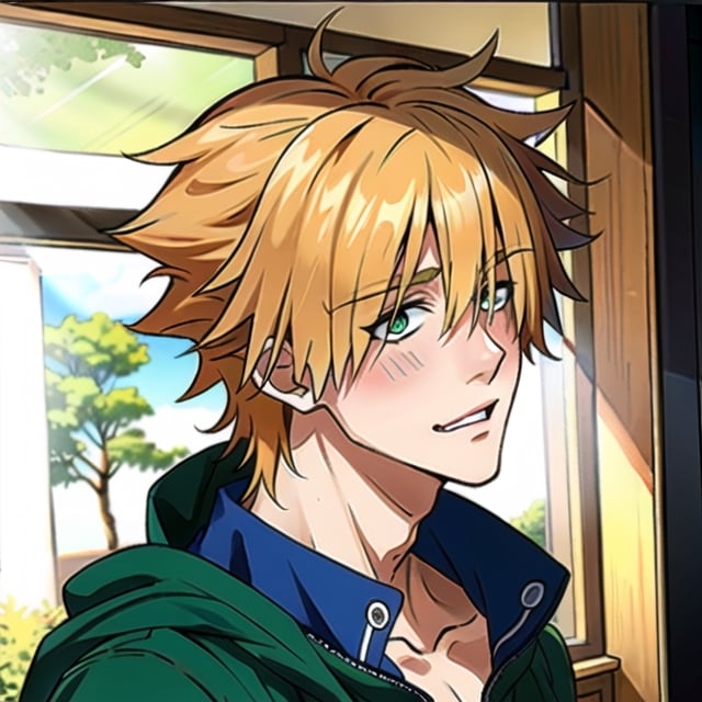 1guy, male, Robin Hood(Fate), ((solo)), (looking_at_viewer), blush, (laugh), stand, from side,
short hair, orange hair, spiked hair, green_eyes, ((hair over one eye)), blouse,
upper_body, (indoors),
(perfect detailed face), ((clear face)), detailed eyes, ((clear details)), anime,
(highly detailed), masterpiece, ((best quality)),  illustrations,