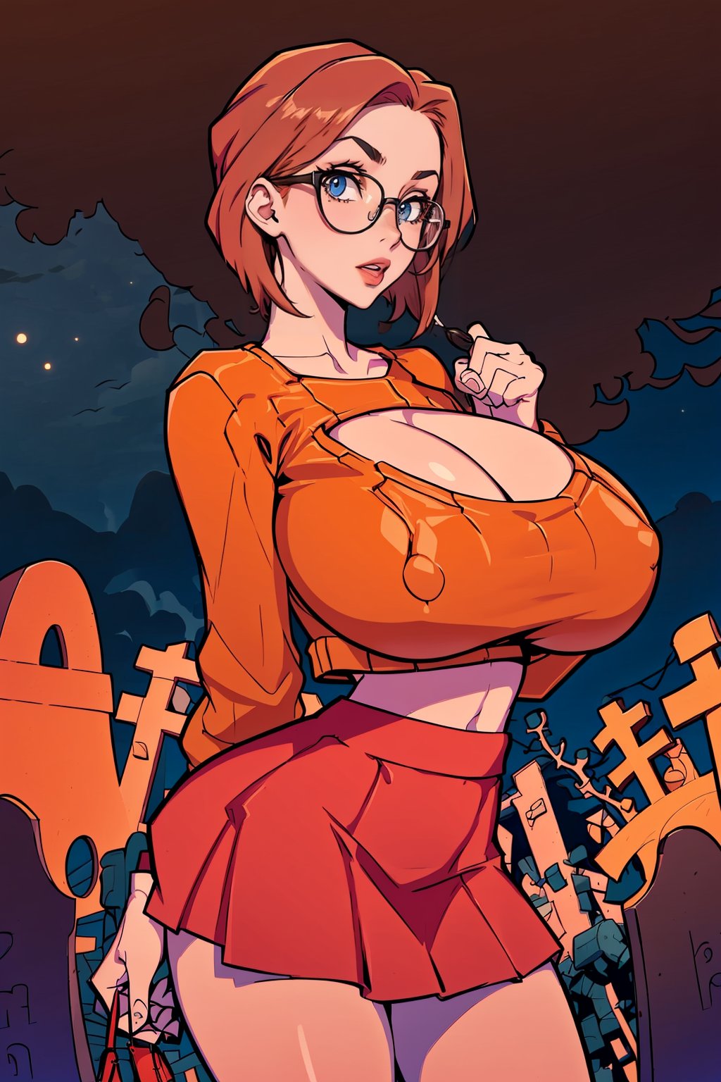 Masterpiece, Best Quality, perfect breasts, perfect face, perfect composition, perfect fingers, perfect hands, ultra-detail, (solo), highres, narrow waist, 40 years old, ((short red skirt)), ((orange jumper)), (((brown Bob hair))), ((in a graveyard at night)), looking sexy, busty woman, ((natural breasts)), ((cowboy shot)), (huge breasts), black rimmed glasses,