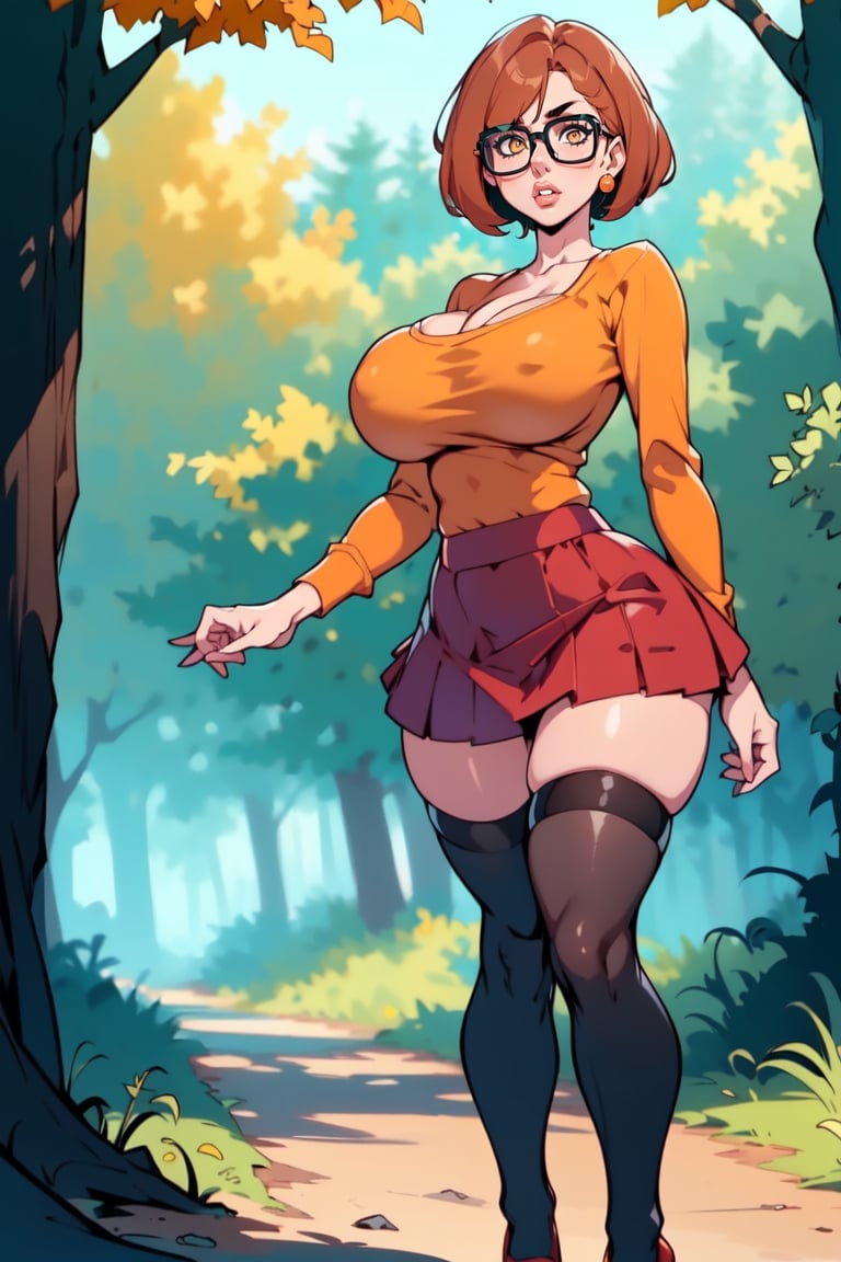 Masterpiece, Best Quality, perfect breasts, perfect face, perfect composition, UHD, 4k, (1girl), (((short red skirt))), (((long-sleeve orange  shirt))), in a forest, at night, busty woman, great legs, brown hair, short haircut, ((natural breasts)), ((square glasses)), ((black rimmed glasses)), thigh high stockings,