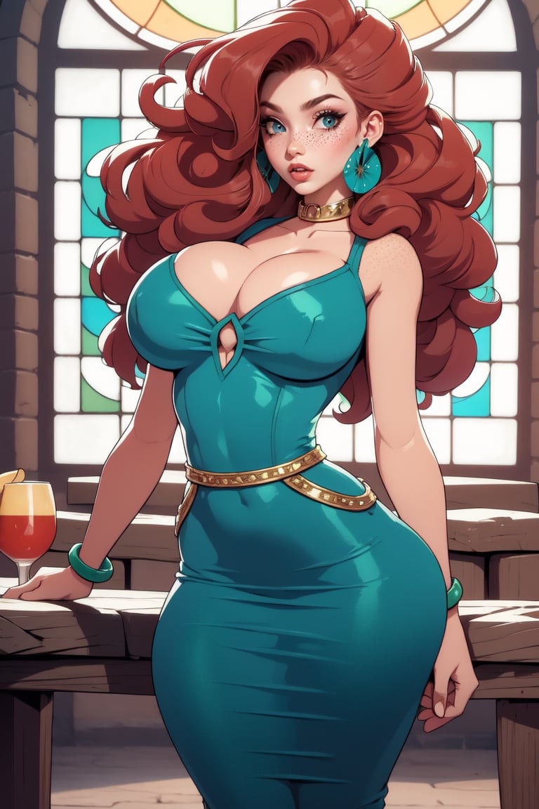 Masterpiece, Best Quality, perfect breasts, perfect face, perfect composition, UHD, 4k, ((1girl)), dressed as merida from brave, Red curly hair, big hair, blue eyes, ((dark Green dress)), in a castle, stain glass windows, detailed dress, freckles on her face, cheek blush, big puffy hair, very curly hair, busty woman, great legs, ((red hair)), ((natural breasts)), ,sexy, freckles, 