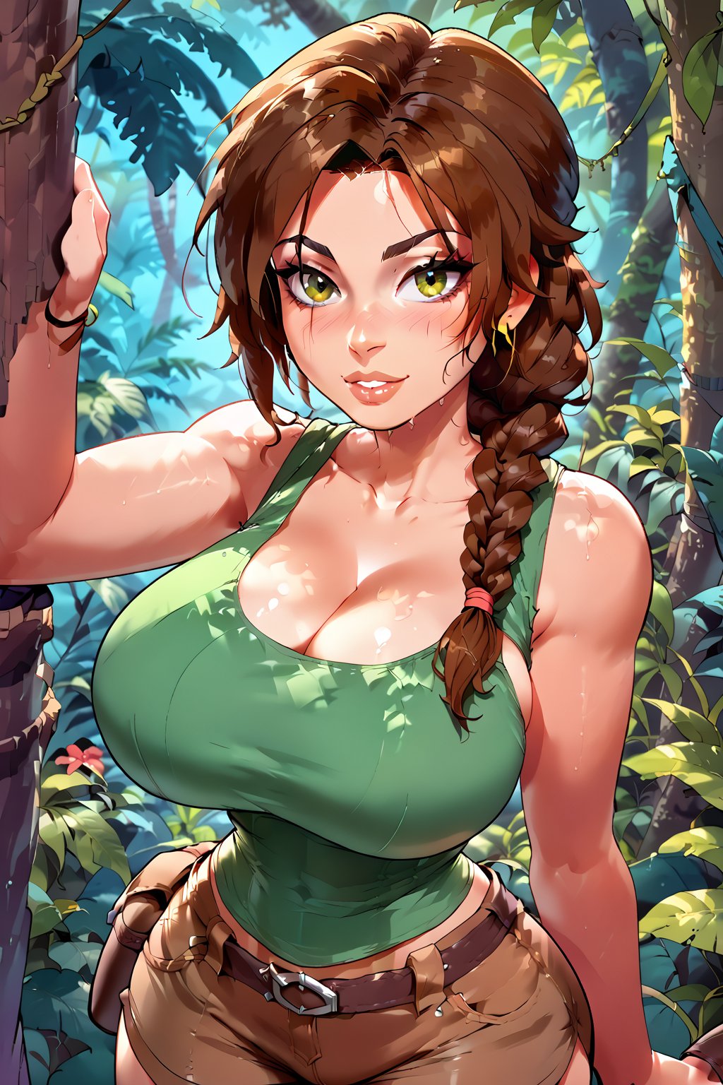 milfpeaches, score_9, score_8_up, score_8, 40 years old, tight green tank top, brown hair, long single braid hair, ((in a jungle)), looking sexy, busty woman, natural breasts, huge breasts, brown shorts, narrow waist, large brown boots,  Lara Croft ,