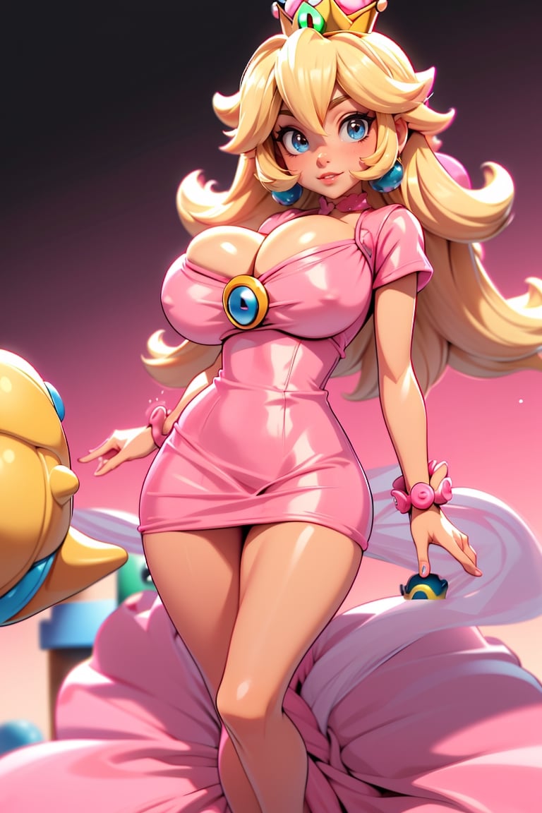 Masterpiece, Best Quality, perfect breasts, perfect face, perfect composition, UHD, 4k, ((1girl)), (((pink dress))), ((in super mario world)), busty woman, great legs, ((blonde hair)), ((long hair)),, ((natural breasts)), princess peach, 