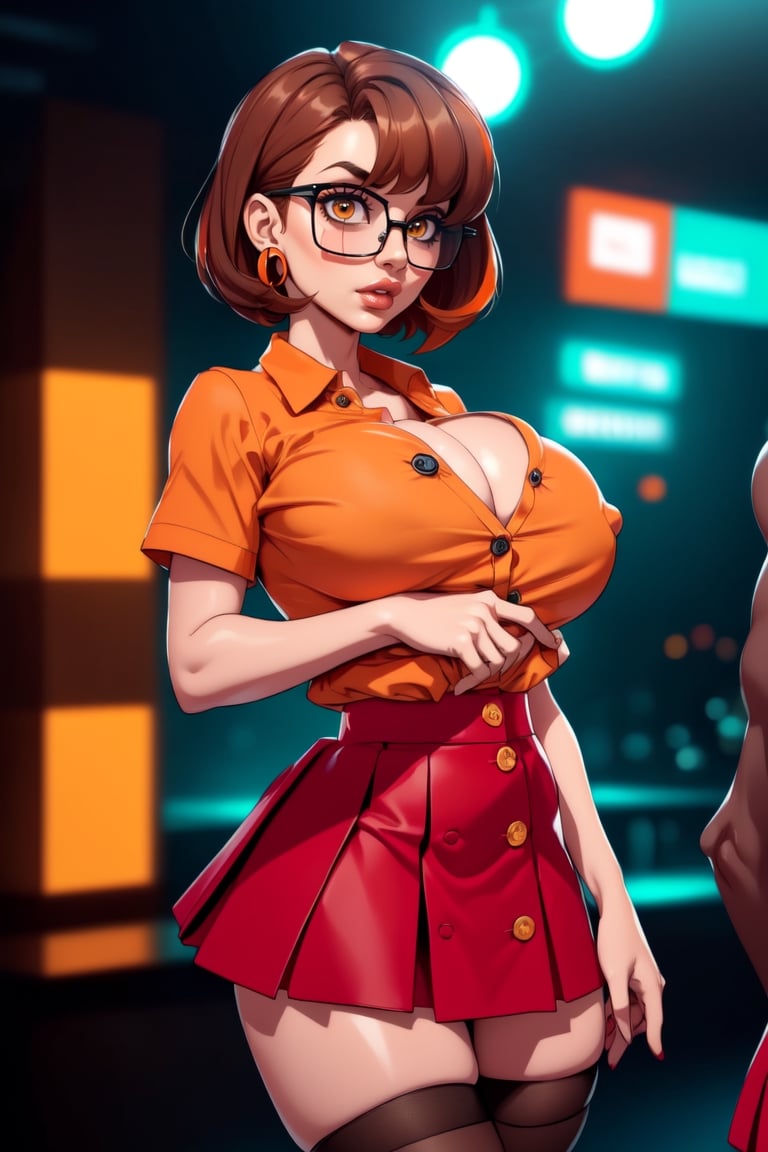 Masterpiece, Best Quality, perfect breasts, perfect face, perfect composition, UHD, 4k, (1girl), (((short red skirt))), (((Open orange button shirt))), in a nightclub, busty woman, great legs, brown hair, short haircut, ((natural breasts)), ((square glasses)), ((black rimmed glasses)), thigh high stockings,