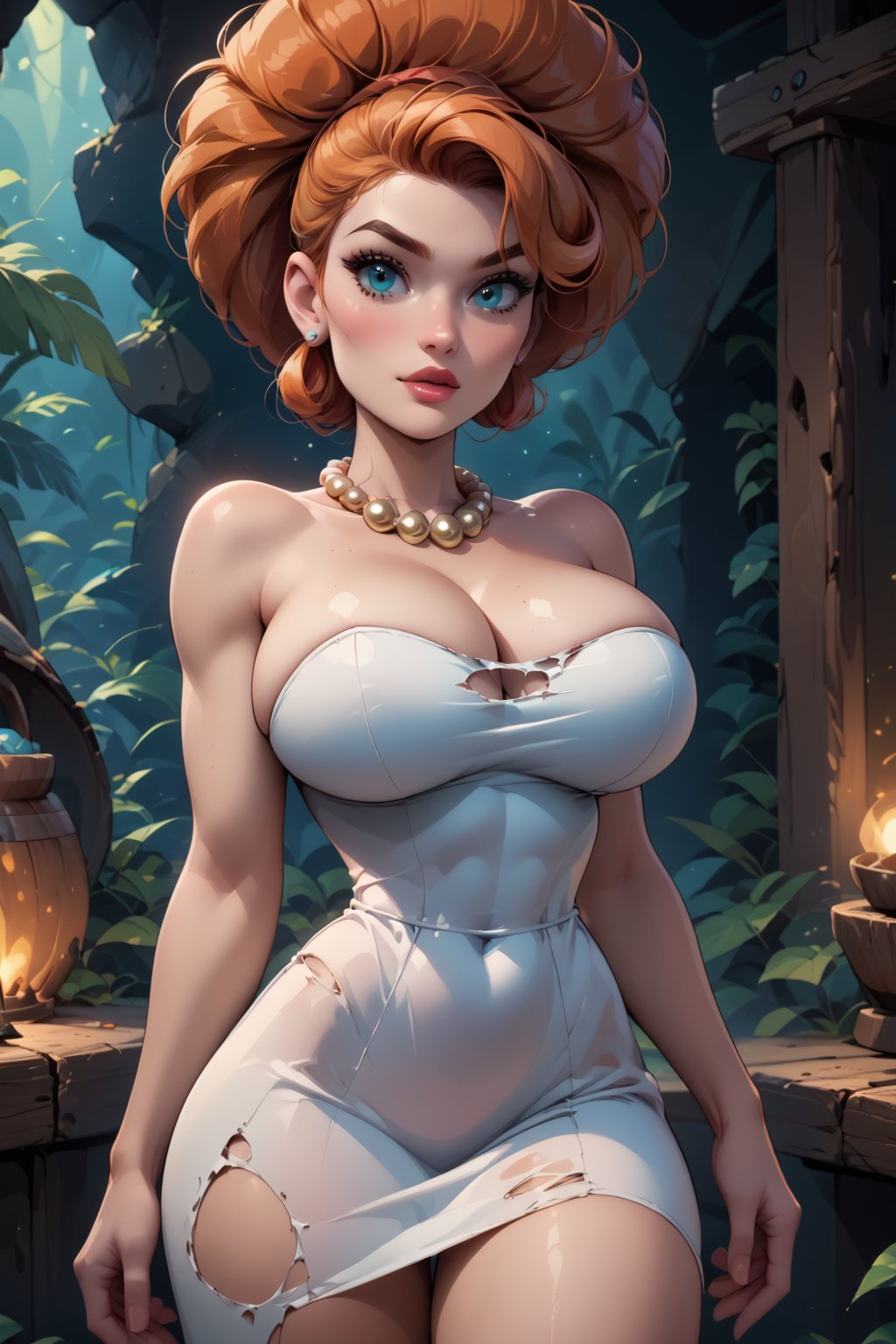 score_9, score_8_up, score_8, ginger hair, huge breasts, sexy pose, in a caveman’s livingroom, torn white dress, red pearl necklace, narrow waist, Wilma flintstone, 2d,