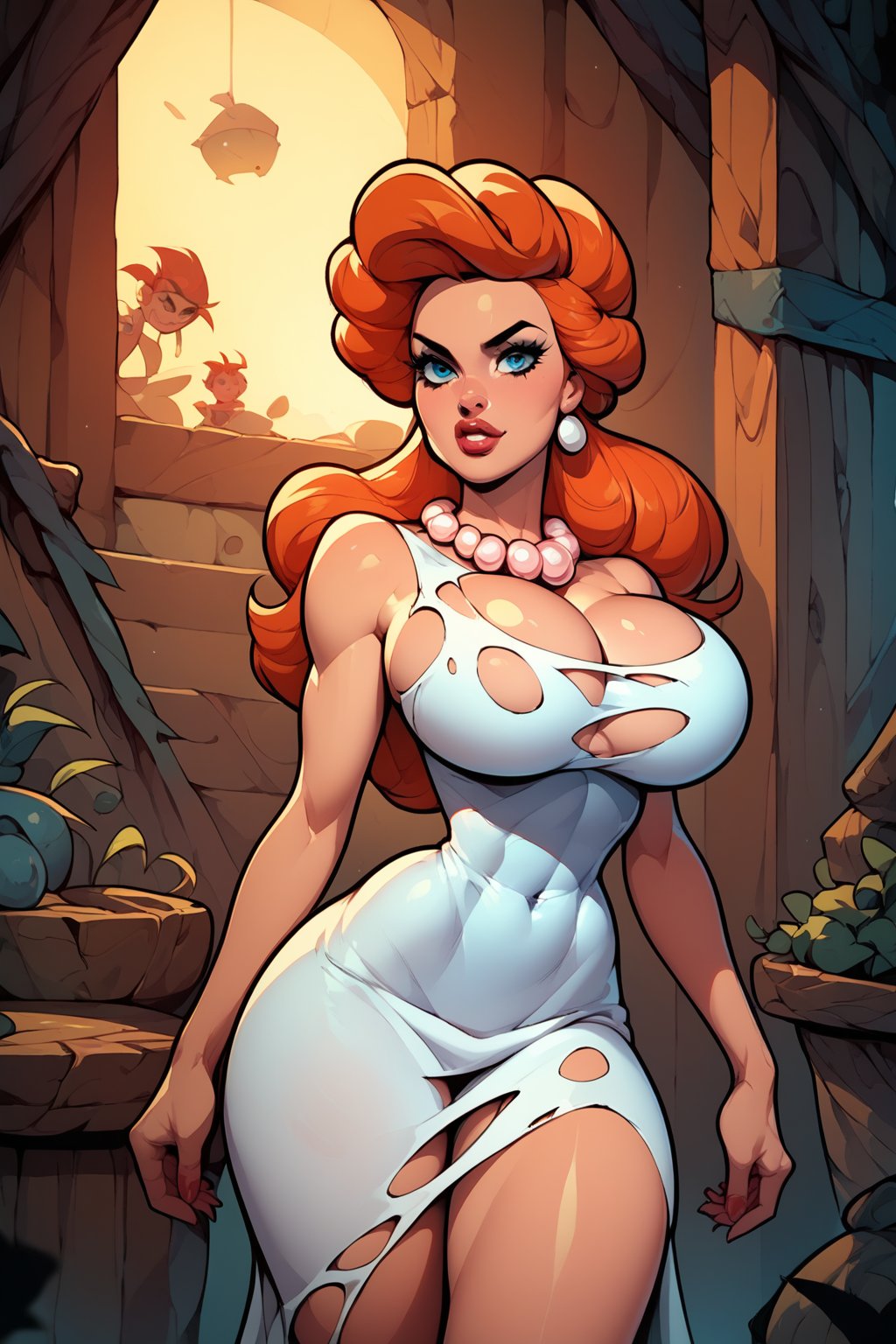 score_9, score_8_up, score_8, huge breasts, sexy pose, in a caveman’s livingroom, torn white dress, red pearl necklace, narrow waist, Wilma flintstone, 2d, CherryMouseStreet,