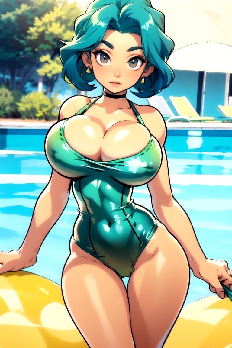 Masterpiece, Best Quality, perfect breasts, perfect face, perfect composition, UHD, 4k, ((1girl)), Marge Simpson, (((green swimsuit))), at the pool, busty woman, great legs, (((blue hair))), beehive hair style, ((natural breasts)), (((brown eyes))),marge simpson, ((yellow skin)), huge breasts,