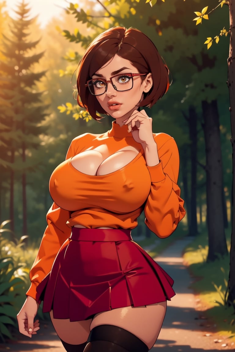 Masterpiece, Best Quality, perfect breasts, perfect face, perfect composition, UHD, 4k, (1girl), (((short red skirt))), (((long-sleeve orange  shirt))), in a forest, at night, busty woman, great legs, brown hair, short haircut, ((natural breasts)), ((square glasses)), ((black rimmed glasses)), thigh high stockings,