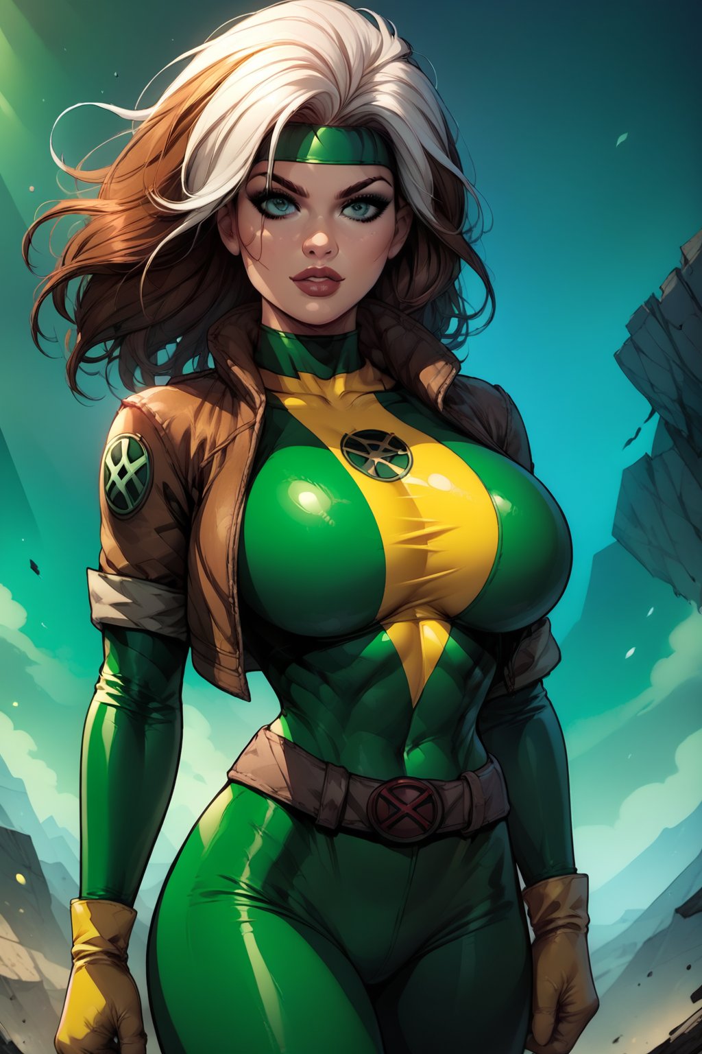 score_9, score_8_up, score_8, huge breasts, (rogue xmen outfit), narrow waist, in a destroyed city, sexy pose, 2d, long brown hair, (white hair fringe),joey, comic book, natural pretty face,