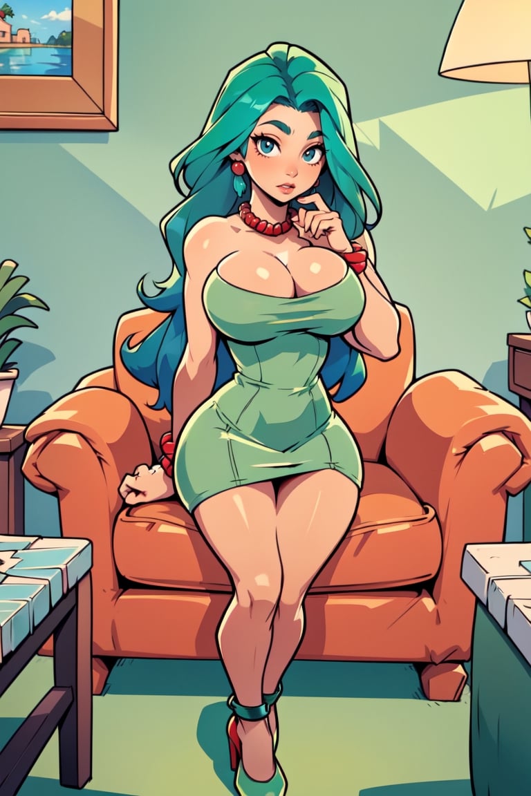 Masterpiece, Best Quality, perfect breasts, perfect face, perfect composition, UHD, highres, 4k, ((1girl)), dark brown eyes, (((short green dress))), bare shoulders, (((red pearl neacklace))), in a livingroom , busty woman, great legs, ((long blue hair)), ((natural breasts)),marge simpson