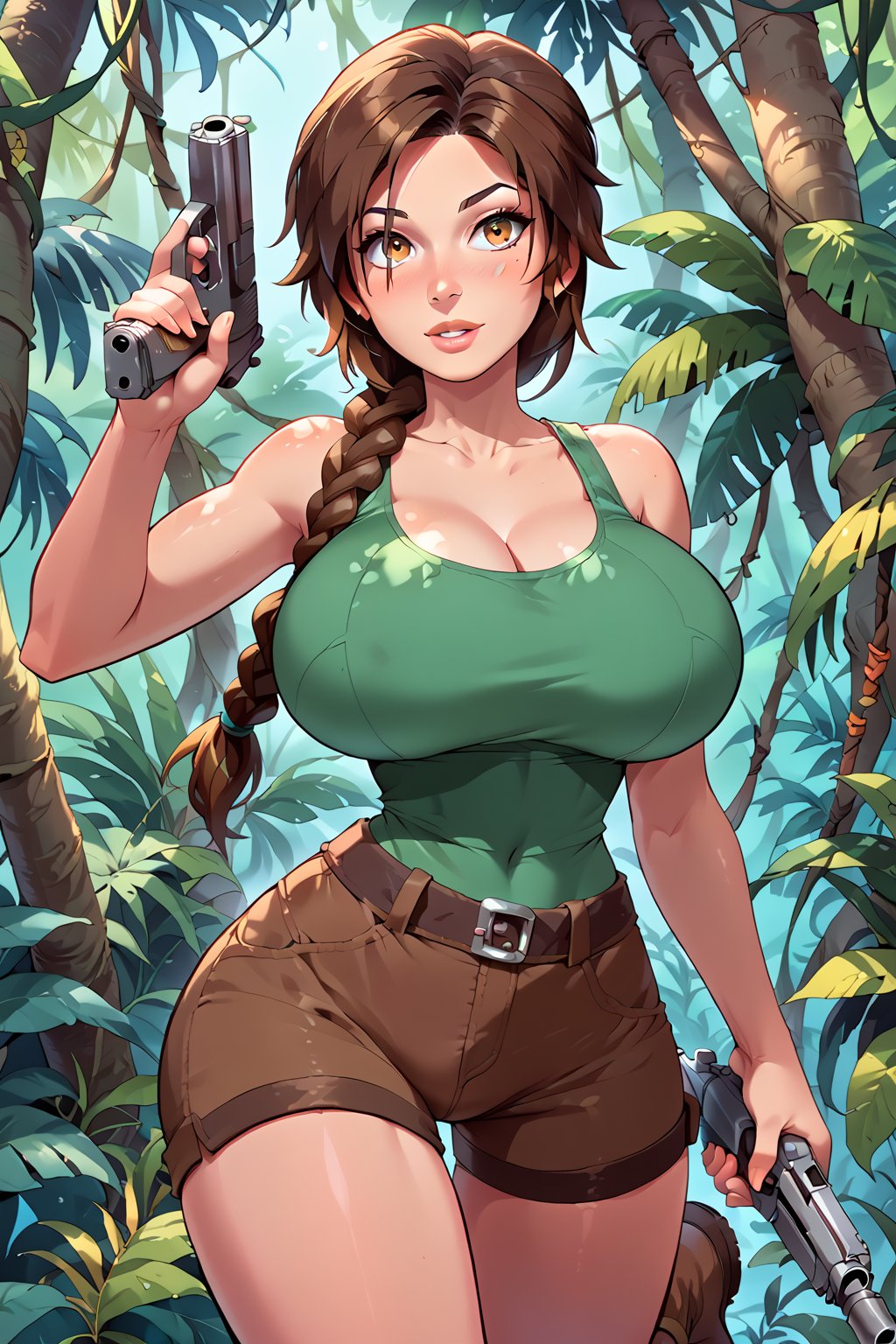 milfpeaches, score_9, score_8_up, score_8, 40 years old, tight green tank top, brown hair, long single braid hair, ((in a jungle)), looking sexy, busty woman, natural breasts, huge breasts, brown shorts, narrow waist, large brown boots,  Lara Croft , holding a gun in each hand,