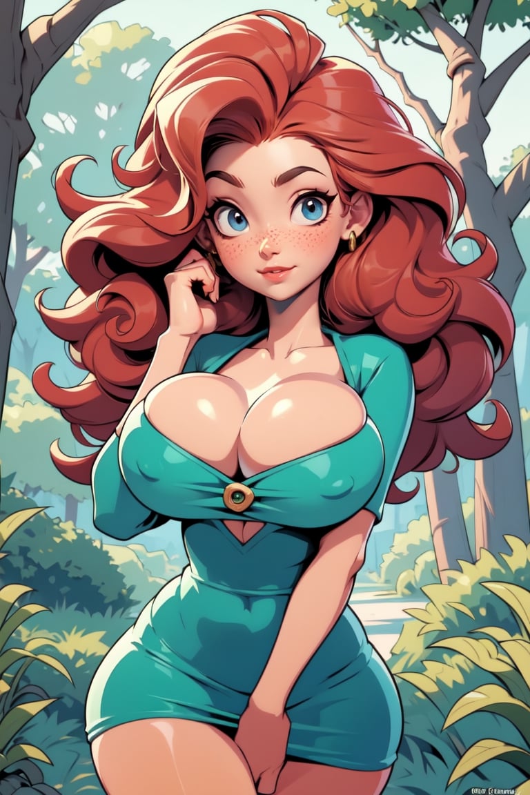 Masterpiece, Best Quality, perfect breasts, perfect face, perfect composition, UHD, 4k, ((1girl)), dressed as merida from brave, Red curly hair, big hair, blue eyes, ((Green dress)), in the forest, bow and arrow, detailed dress, freckles on her face, cheek blush, big puffy hair, very curly hair, busty woman, great legs, ((red hair)), ((natural breasts)), ,sexy, freckles, 