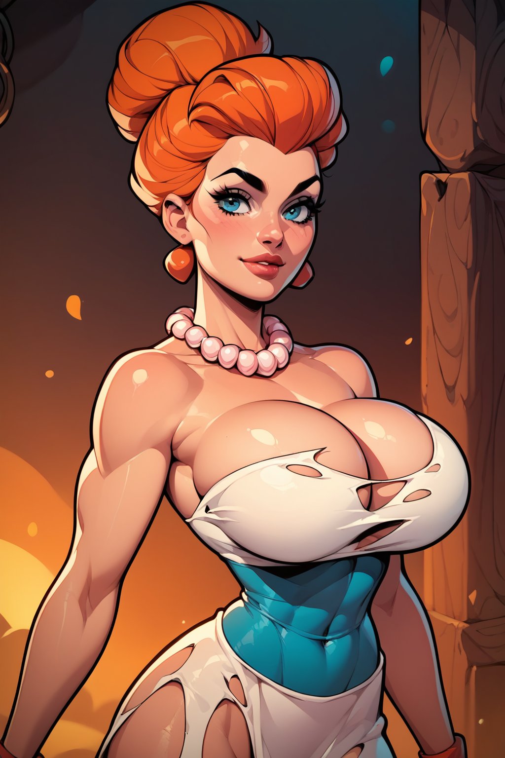 score_9, score_8_up, score_8, ginger hair, huge breasts, sexy pose, in a caveman’s livingroom, torn white dress, red pearl necklace, narrow waist, Wilma flintstone, 2d,