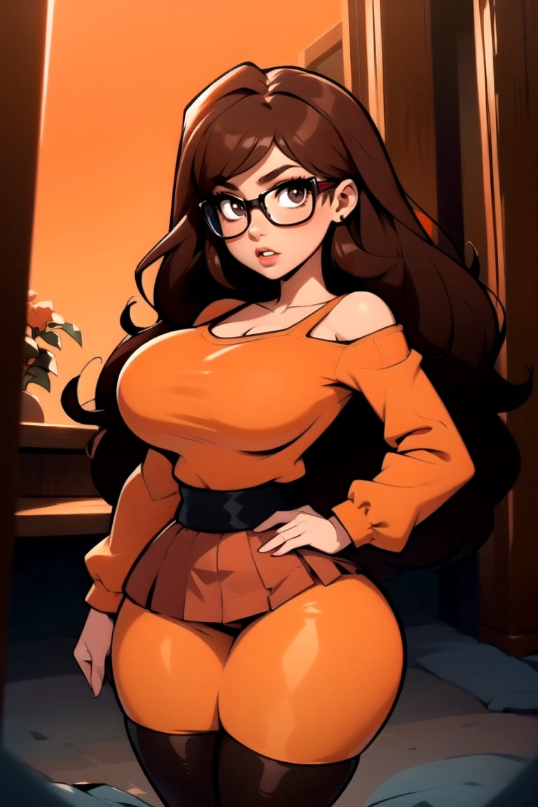 Masterpiece, Best Quality, perfect breasts, perfect face, perfect composition, UHD, 4k, ((1girl)), ((solo)), dark-brown eyes, (((short red skirt))), (((long-sleeve orange top))), in a gothic house, at night, busty woman, great legs, ((dark-brown hair)), shoulder-length hair, ((natural breasts)), (((thick rimmed glasses))), thigh high stockings, red lipstick,thepit, (cowboy shot),