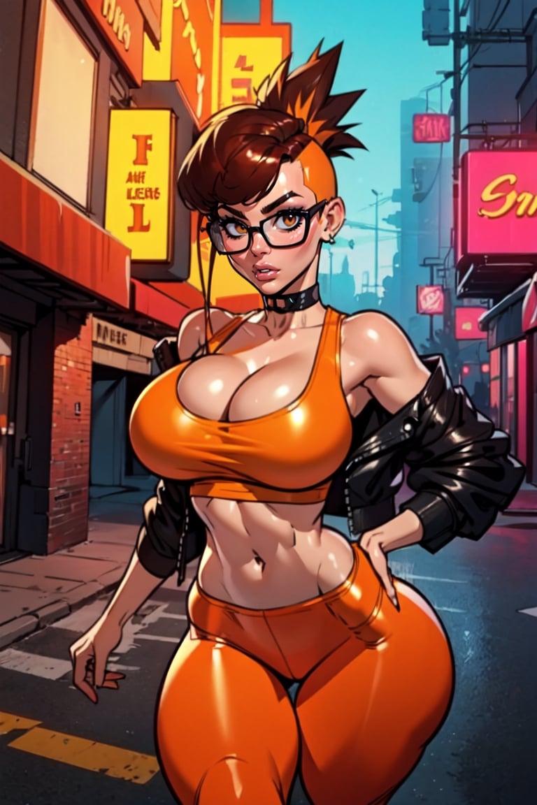 Masterpiece, Best Quality, looking at viewer. cleavage , dark brown hair, (shaved sides hair cut), ((Mohawk hairstyle)), ((thick rimmed square glasses)), ((large breasts)), perfect breasts, perfect face, perfect composition, ultra-detail, sexy expression, slim figure,m, cyberpunk, ((leather jacket)), (((orange) tank top)), ((red) shiny tight leggings), (solo), set in a futuristic street, chocker, at night, neon signs,
