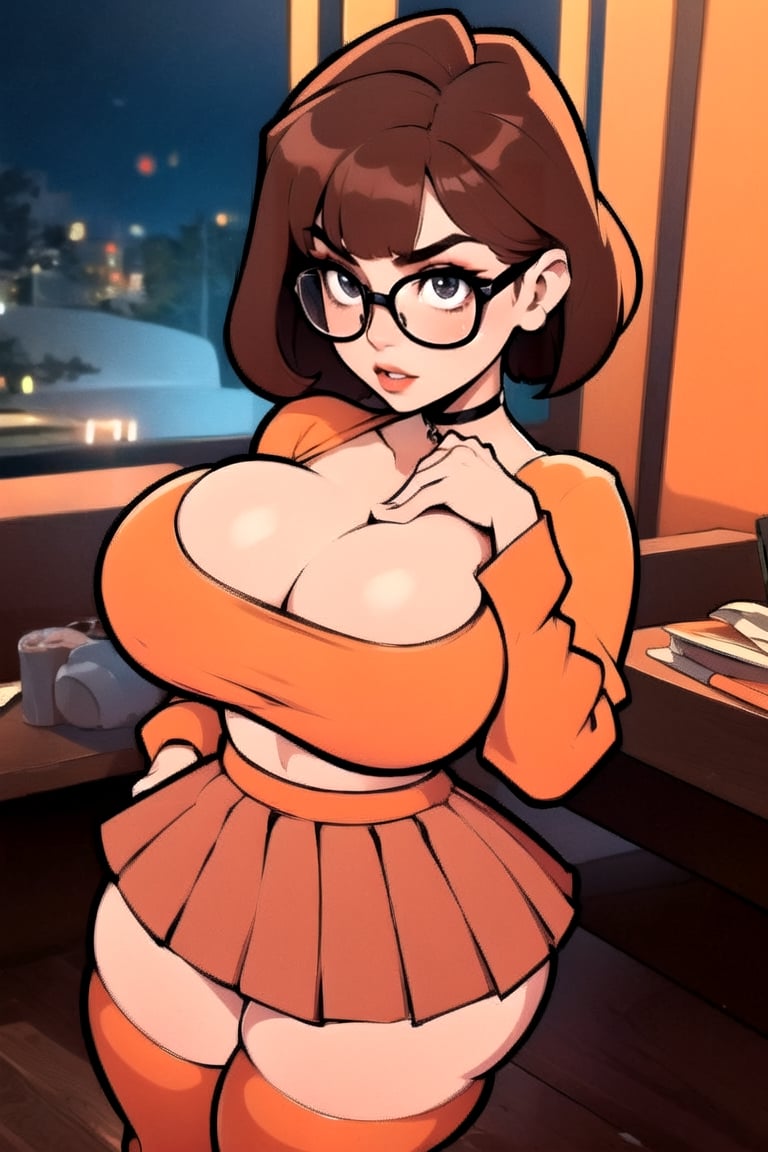 Masterpiece, Best Quality, perfect breasts, perfect face, perfect composition, UHD, 4k, ((1girl)), ((solo)), dark-brown eyes, (((short red skirt))), (((long-sleeve orange top))), in a gothic house, at night, busty woman, great legs, ((dark-brown hair)), shoulder-length hair, ((natural breasts)), (((thick rimmed glasses))), thigh high stockings, red lipstick,thepit, (cowboy shot),