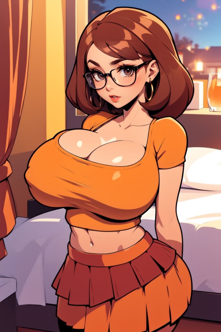 Masterpiece, Best Quality, perfect breasts, perfect face, perfect composition, UHD, 4k, ((1girl)), ((solo)), dark-brown eyes, (((red skirt))), (((tight orange top))), in a bedroom, at night, busty woman, great legs, ((dark-brown hair)), shoulder-length hair, ((natural breasts)), (((thick rimmed glasses))), thigh high stockings, red lipstick, (cowboy shot),