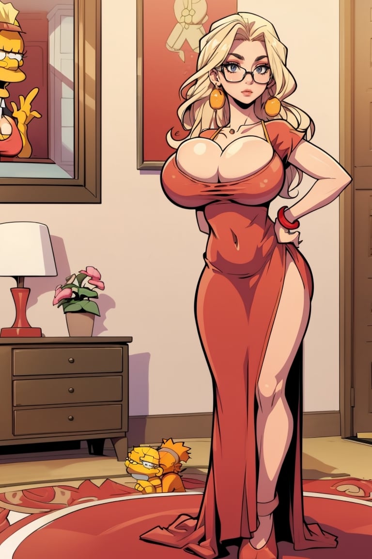 Masterpiece, Best Quality, perfect breasts, perfect face, perfect composition, UHD, 4k, ((1girl)), lisa simpson, (((red dress,))), ((in simpson living room)), busty woman, great legs, brown hair, blonde hair, glasses, ((natural breasts)),Lisa