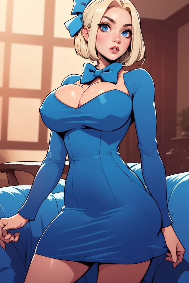 Masterpiece, Best Quality, perfect breasts, perfect face, perfect composition, UHD, 4k, ((1girl)), (((short blue dress, long sleeves))), ((in living room)), busty woman, great legs, ((blonde hair)), ((short hair)), ((blue bow in hair)), ((natural breasts)), maggie Simpson,