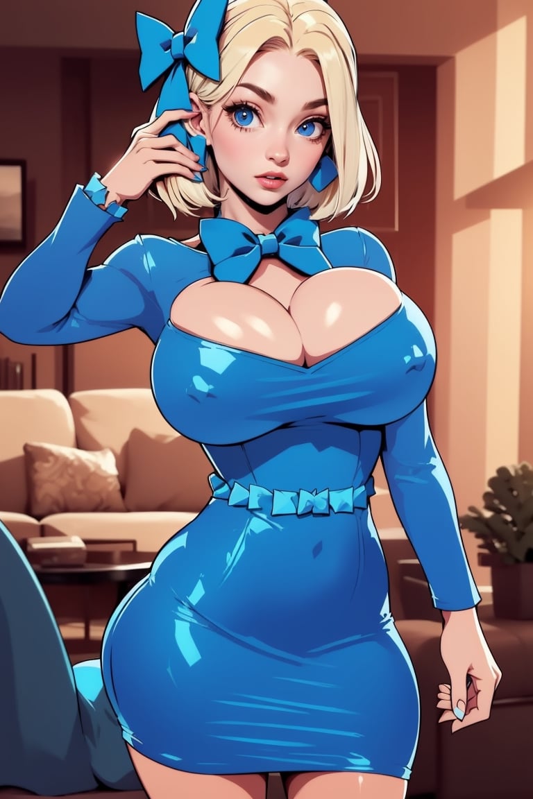 Masterpiece, Best Quality, perfect breasts, perfect face, perfect composition, UHD, 4k, ((1girl)), (((short blue dress, long sleeves))), ((in living room)), busty woman, great legs, ((blonde hair)), ((short hair)), ((blue bow in hair)), ((natural breasts)), maggie Simpson,