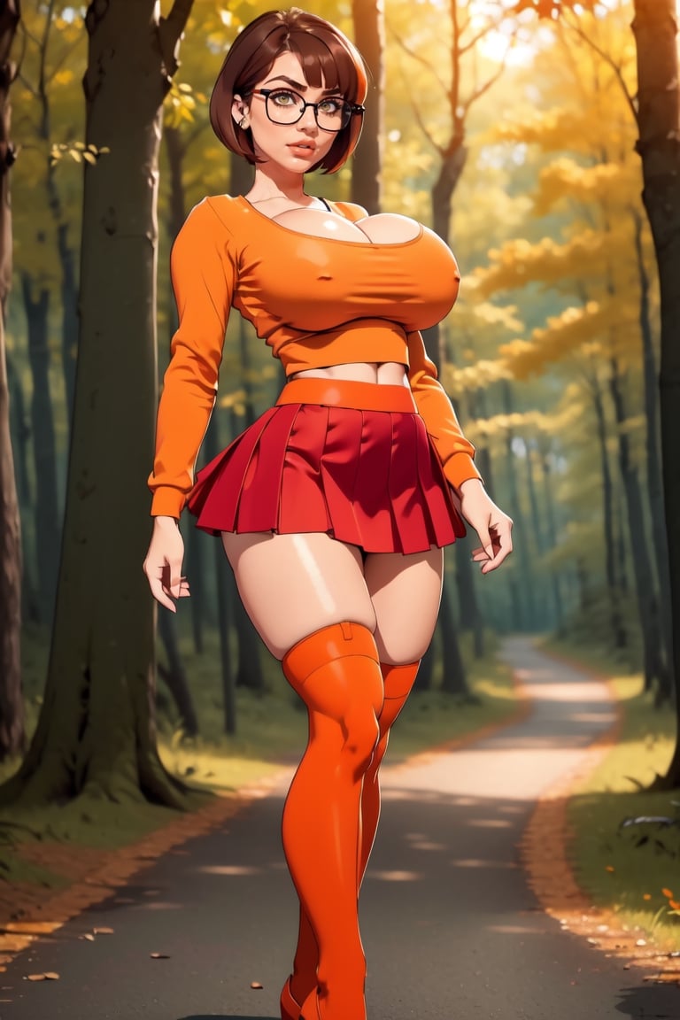 Masterpiece, Best Quality, perfect breasts, perfect face, perfect composition, UHD, 4k, (1girl), (((short red skirt))), (((long-sleeve orange  shirt))), in a forest, at night, busty woman, great legs, brown hair, short haircut, ((natural breasts)), ((square glasses)), ((black rimmed glasses)), thigh high stockings,