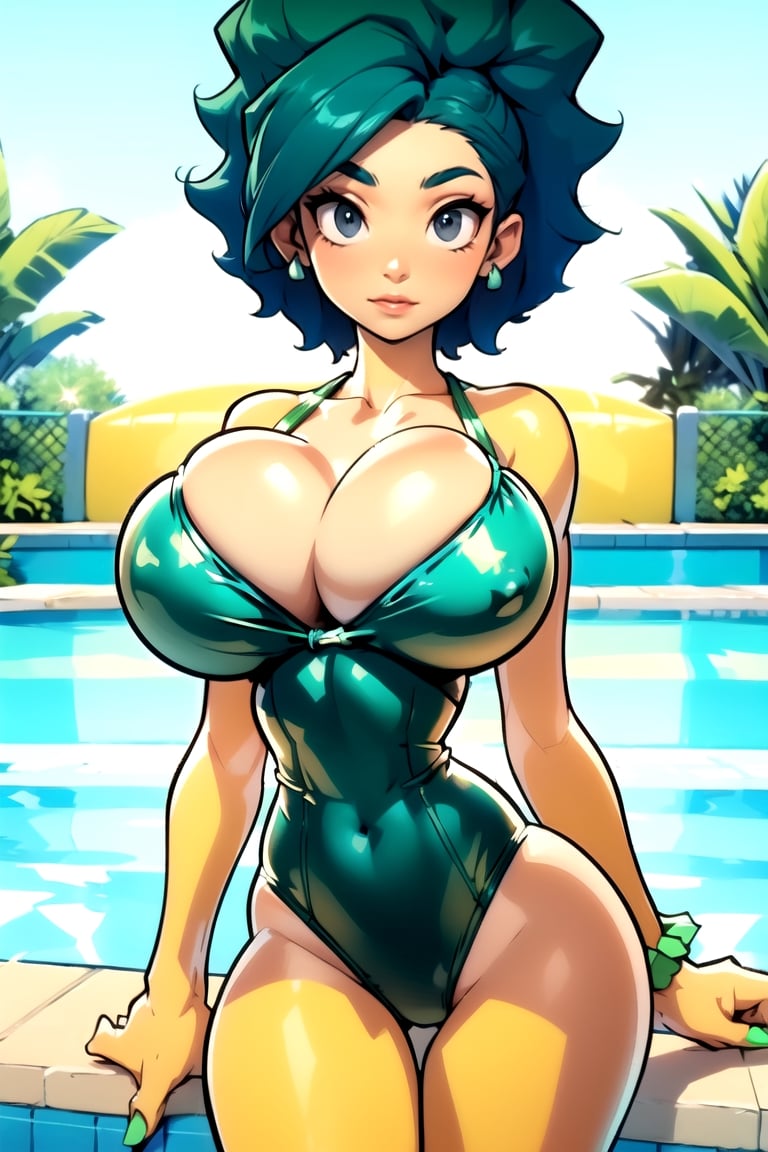 Masterpiece, Best Quality, perfect breasts, perfect face, perfect composition, UHD, 4k, ((1girl)), Marge Simpson, (((green swimsuit))), at the pool, busty woman, great legs, (((blue hair))), beehive hair style, ((natural breasts)), (((brown eyes))),marge simpson, ((yellow skin)), huge breasts,