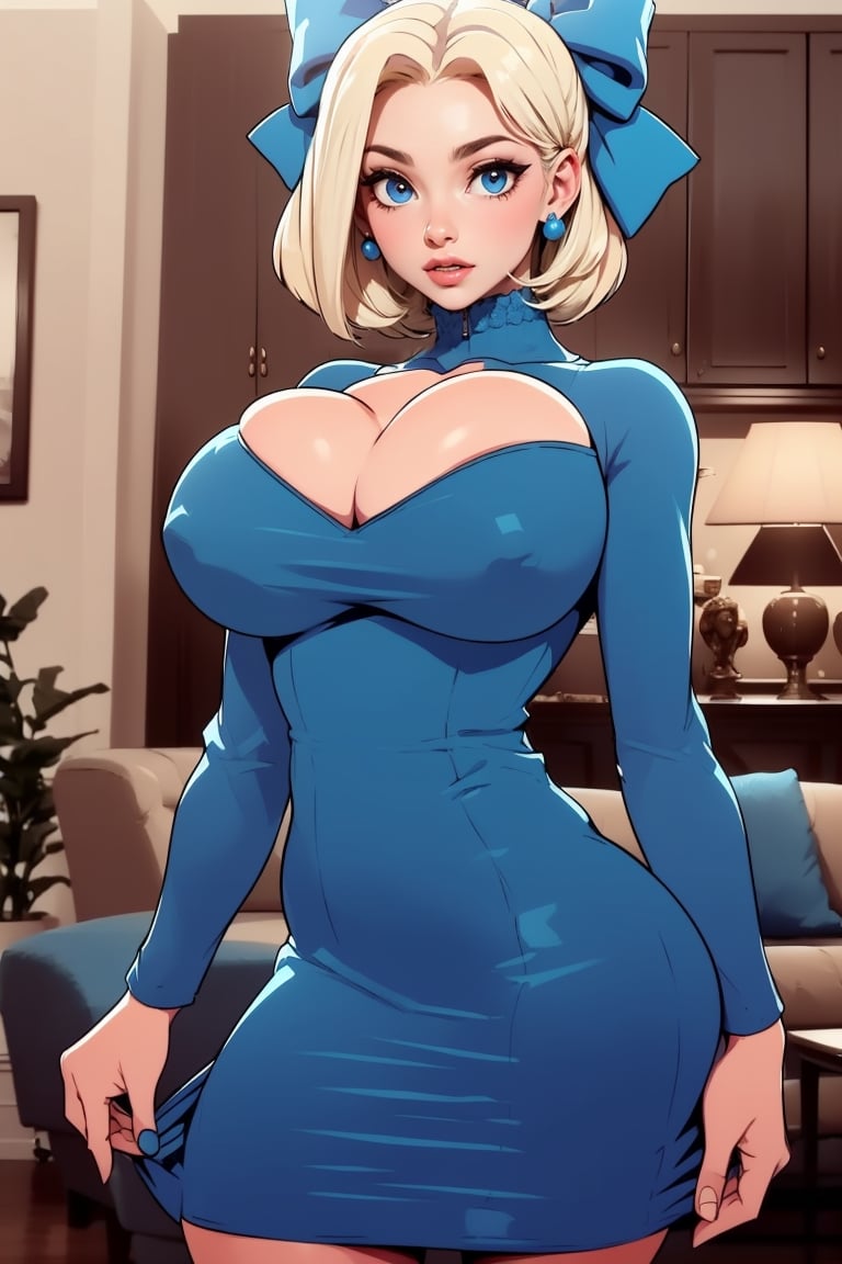 Masterpiece, Best Quality, perfect breasts, perfect face, perfect composition, UHD, 4k, ((1girl)), (((short blue dress, long sleeves))), ((in living room)), busty woman, great legs, ((blonde hair)), ((short hair)), ((blue bow in hair)), ((natural breasts)), maggie Simpson,