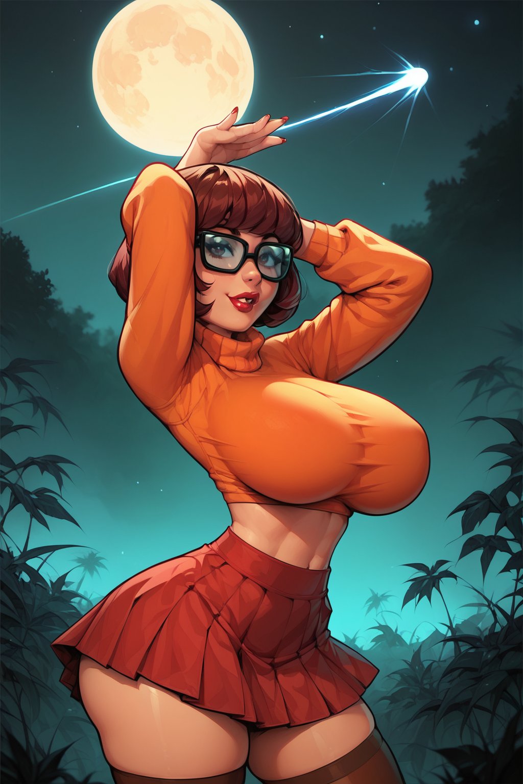 score_9, score_8_up, score_8, orange tshirt, huge breasts, natural breasts, braless, narrow waist, red lipstick, sexy pose, in a fairground at night, red skirt, thighhighs, Velma dinkley, 2d,