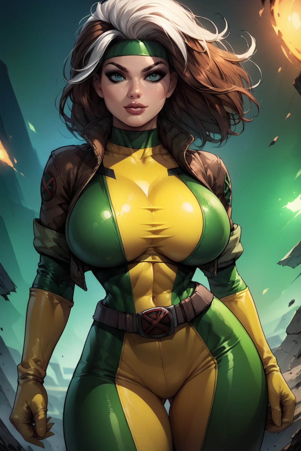 score_9, score_8_up, score_8, huge breasts, (rogue xmen outfit), narrow waist, in a destroyed city, sexy pose, 2d, long brown hair, (white hair fringe),joey,