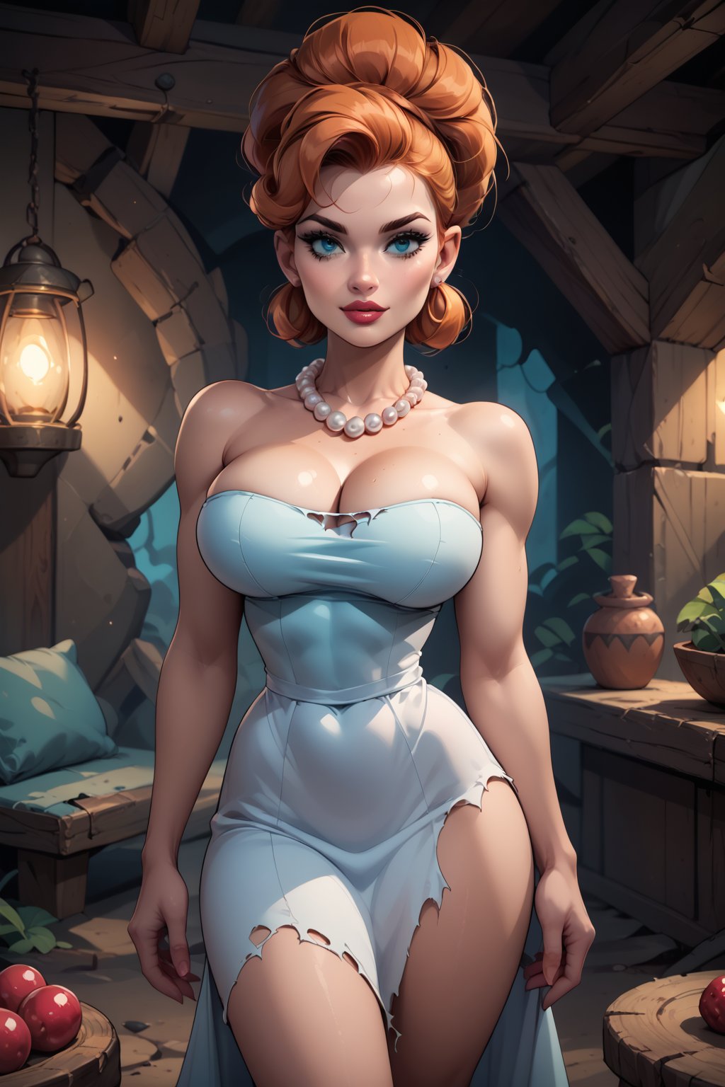 score_9, score_8_up, score_8, ginger hair, huge breasts, sexy pose, in a caveman’s livingroom, torn white dress, red pearl necklace, narrow waist, Wilma flintstone, 2d,