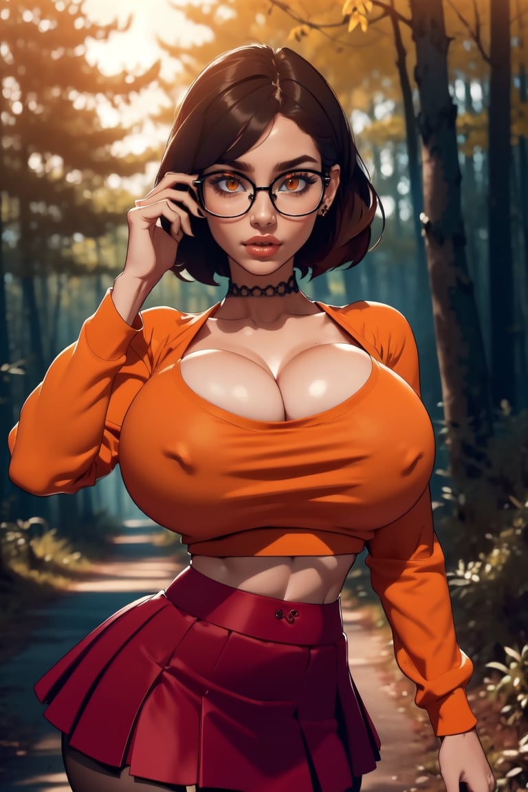 Masterpiece, Best Quality, perfect breasts, perfect face, perfect composition, UHD, 4k, (1girl), (((short red skirt))), (((long-sleeve orange  shirt))), in a forest, at night, busty woman, great legs, brown hair, short haircut, ((natural breasts)), ((square glasses)), ((black rimmed glasses)), thigh high stockings,