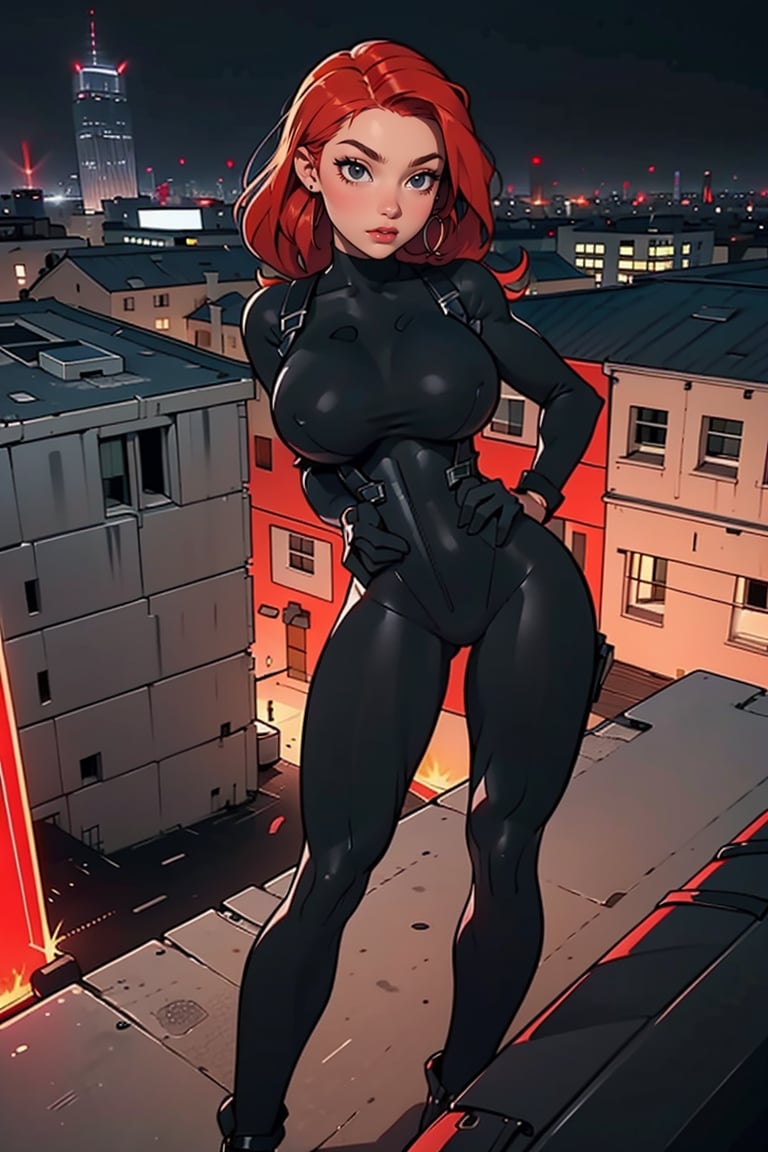 Masterpiece, Best Quality, perfect breasts, perfect face, perfect composition, UHD, 4k, ((1girl)), Kim possible, (((skin-tight black spy bodysuit,))), on a rooftop at night, dodging red security lazers, busty woman, great legs, red hair, ((natural breasts)),highres, ((large breasts)),