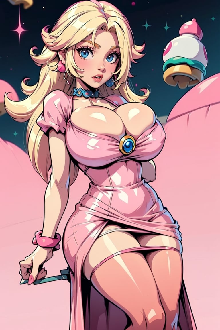 Masterpiece, Best Quality, perfect breasts, perfect face, perfect composition, UHD, 4k, ((1girl)), (((pink dress))), ((in super mario world)), busty woman, great legs, ((blonde hair)), ((long hair)),, ((natural breasts)), princess peach, 