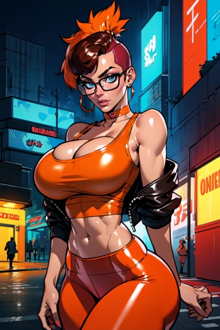 Masterpiece, Best Quality, looking at viewer. cleavage , dark brown hair, (shaved sides hair cut), ((Mohawk hairstyle)), ((thick rimmed square glasses)), ((large breasts)), perfect breasts, perfect face, perfect composition, ultra-detail, sexy expression, slim figure,m, cyberpunk, ((leather jacket)), (((orange) tank top)), ((red) shiny tight leggings), (solo), set in a futuristic street, chocker, at night, neon signs,