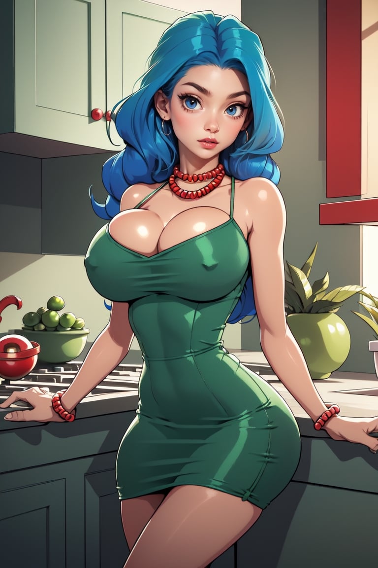 Masterpiece, Best Quality, perfect breasts, perfect face, perfect composition, UHD, highres, 4k, ((1girl)), dark brown eyes, (((short green dress))), bare shoulders, (((red pearl neacklace))), in a kitchen, busty woman, great legs, ((long blue hair)), ((natural breasts)),marge simpson