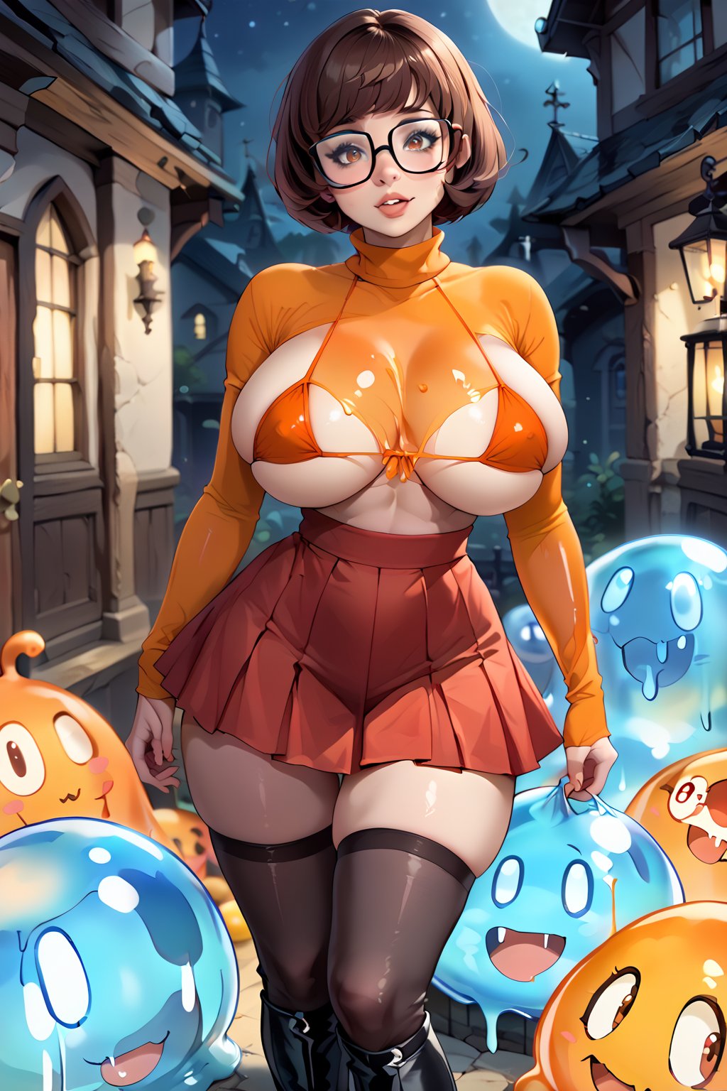 score_9, score_8_up, score_8, orange bikini top, brown hair, bob hair cut, ((thick rimmed square glasses)), (huge breasts), sultry expression, in a haunted house at night, red skirt, slim waist, Velma dinkley, thighhighs, black boots, (((body covered in translucent slime))),