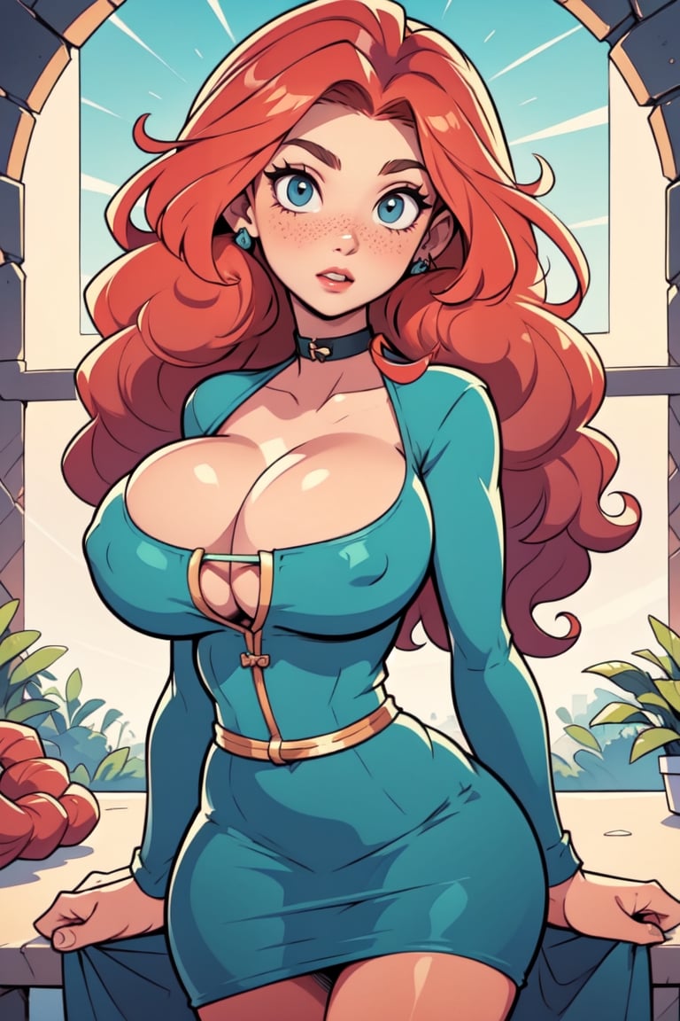 Masterpiece, Best Quality, perfect breasts, perfect face, perfect composition, UHD, 4k, ((1girl)), dressed as merida from brave, Red curly hair, big hair, blue eyes, ((dark Green dress)), in a castle, stain glass windows, detailed dress, freckles on her face, cheek blush, big puffy hair, very curly hair, busty woman, great legs, ((red hair)), ((natural breasts)), ,sexy, freckles, 