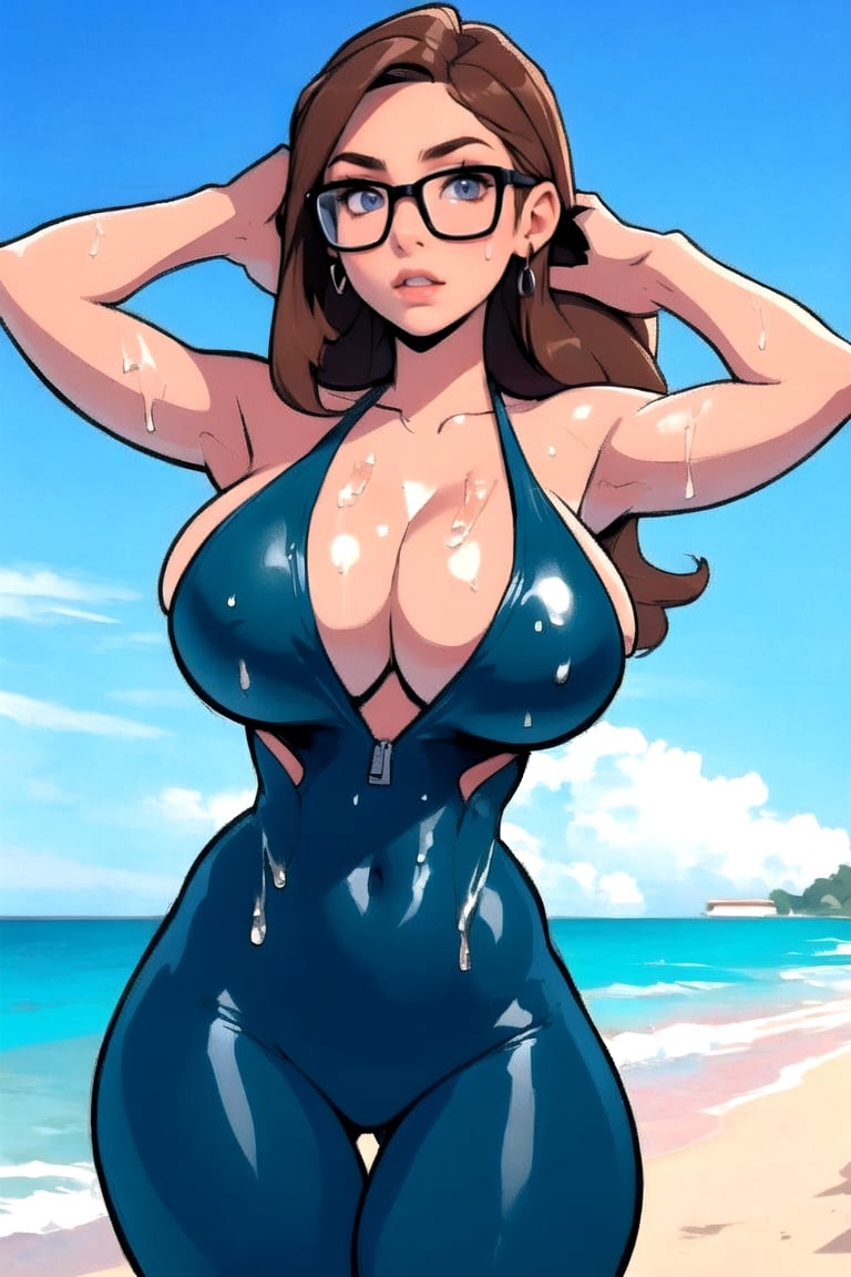 Masterpiece, Best Quality, orange swimsuit, at the beach. cleavage , brown hair, long bob hair cut, wet hair, ((thick rimmed square glasses)), ((large breasts)), perfect breasts, perfect face, perfect composition, ultra-detail, sultry expression, slim hourglass figure ,thepit, (cowboy shot),MADGIO,mssstyle