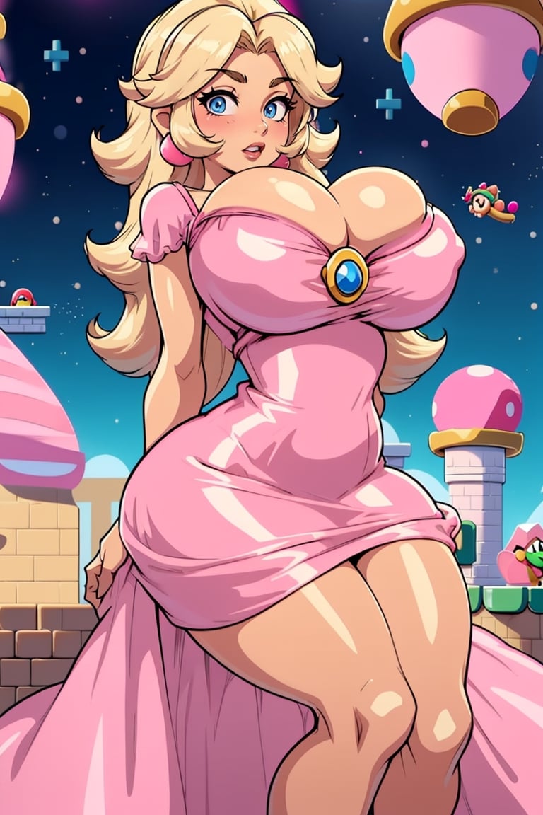 Masterpiece, Best Quality, perfect breasts, perfect face, perfect composition, UHD, 4k, ((1girl)), (((pink dress))), ((in super mario world)), busty woman, great legs, ((blonde hair)), ((long hair)),, ((natural breasts)), princess peach, 